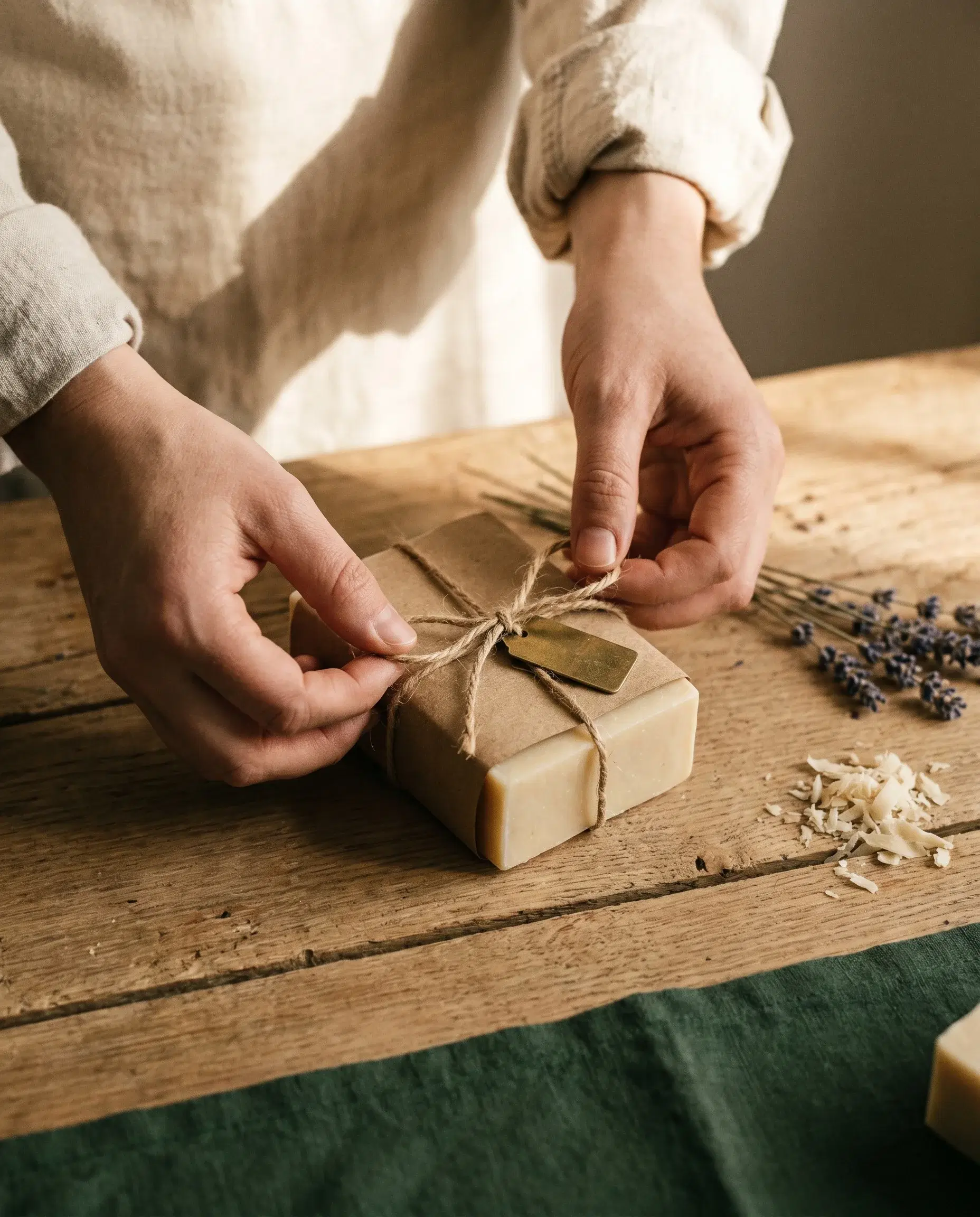 Hands wrapping an artisan soap bar in kraft paper with twine